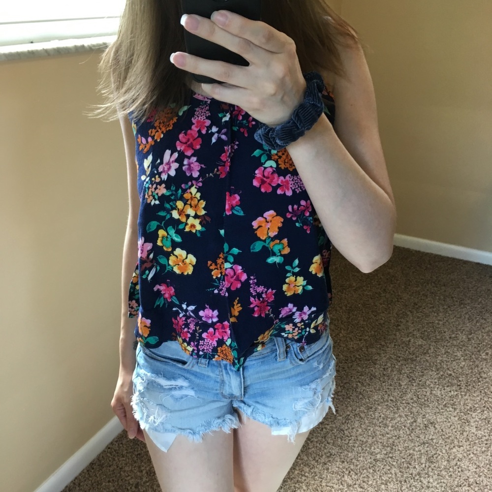 Navy floral strappy detail tank